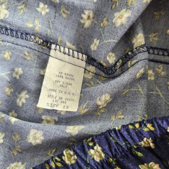 Vintage 90s Blue Floral Pants High Rise Straight Leg Elastic Grandmacore L/XL - Picture 7 of 11